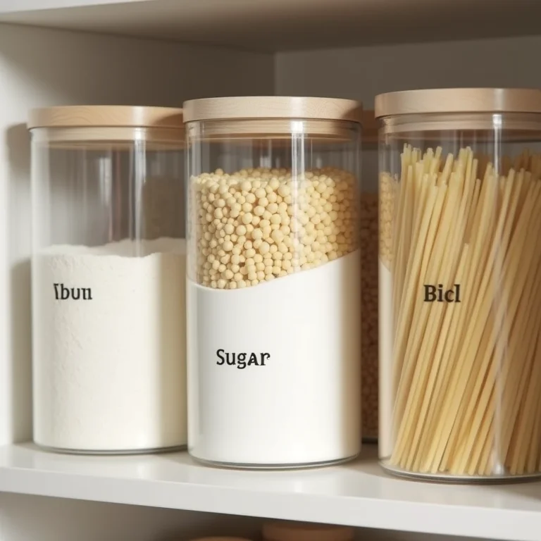 Potes transparentes com etiquetas contendo farinha, açúcar e macarrão em uma prateleira.