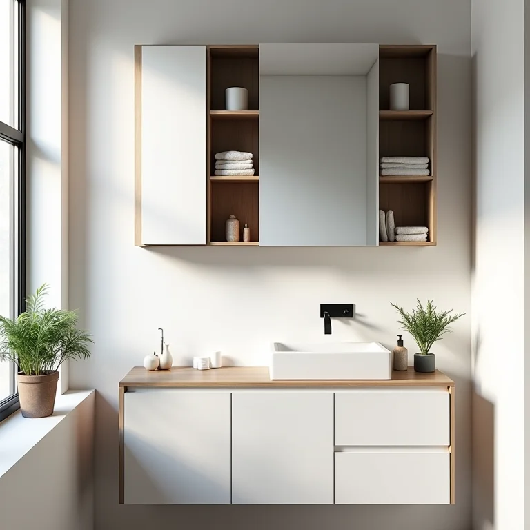 Prateleiras aéreas e armários suspensos em banheiro pequeno