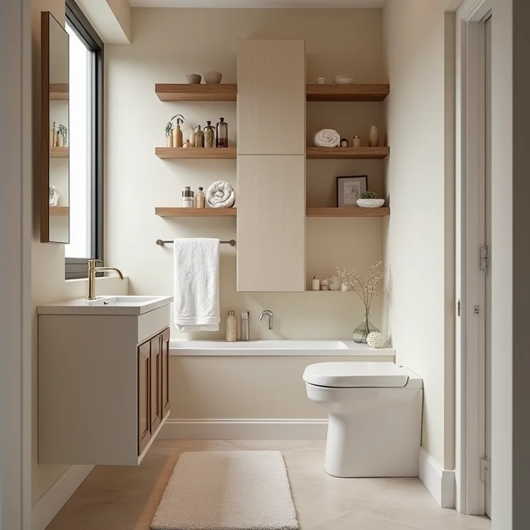 Prateleiras e armários verticais em banheiro pequeno