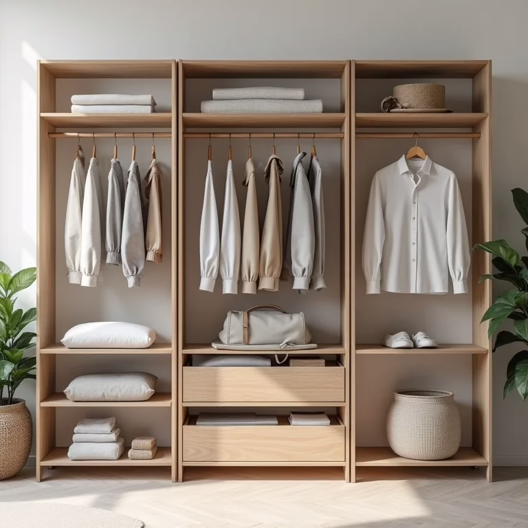 Prateleiras modulares organizadas com roupas e acessórios.