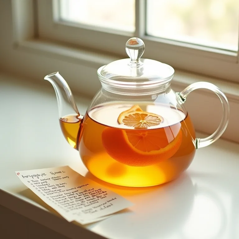 Preparo de chá de casca de laranja em bule de vidro.