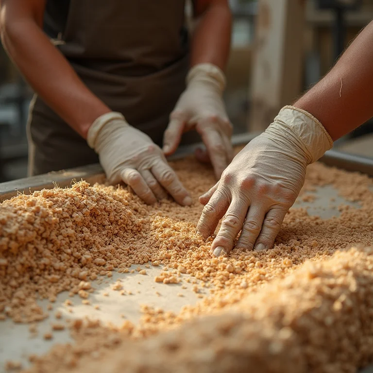 Processo de fabricação artesanal de pisos de pastilha de coco em uma fábrica sustentável.