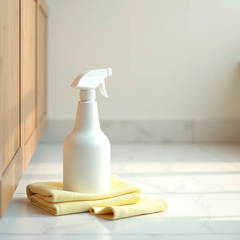 Produtos de limpeza ao lado de piso de cozinha limpo