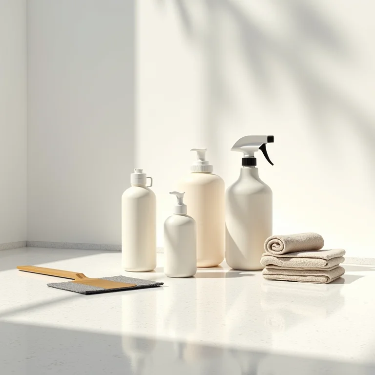 Produtos e ferramentas para limpeza de piso de caco de mármore.