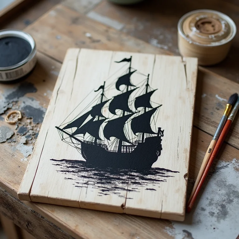 Projeto DIY de decoração pirata com prancha de madeira e tinta.