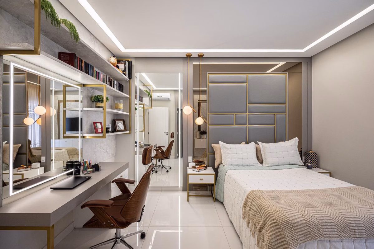 Quarto com Escrivaninha e Espelho Camarim Integrados - inspiração