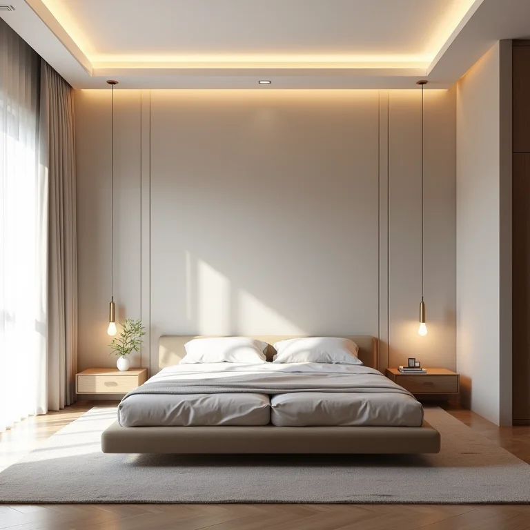 Quarto com teto de gesso e iluminação embutida