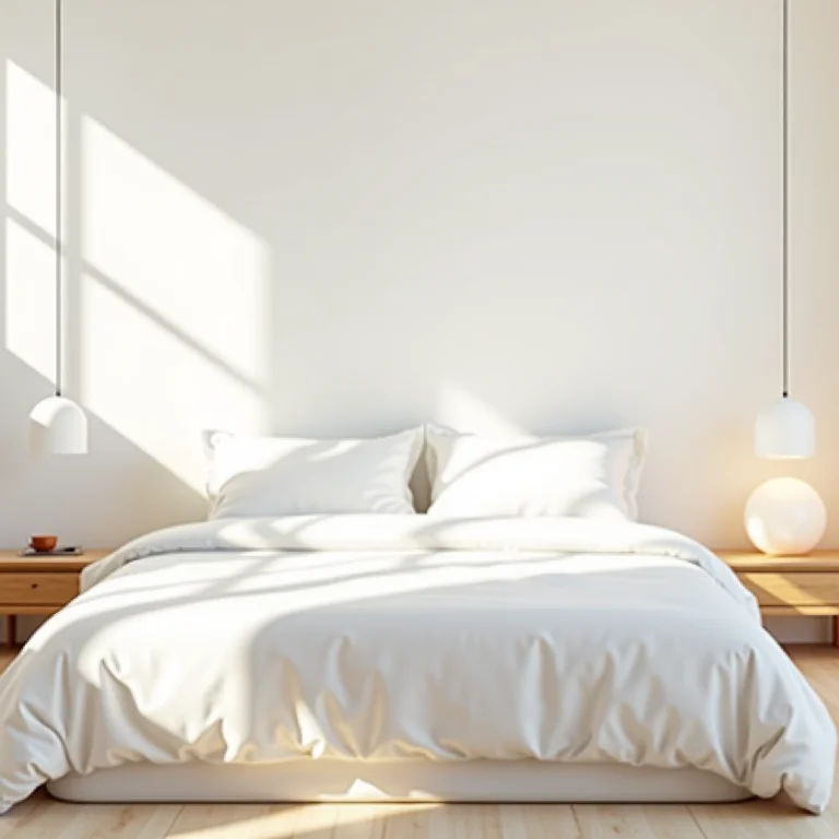 Quarto iluminado com paredes brancas e roupa de cama clara