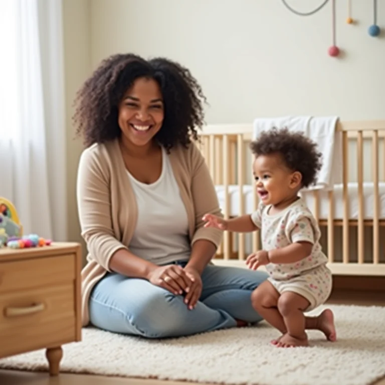 Quarto infantil seguro com mãe brincando com bebê