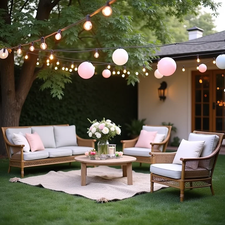 Quintal charmoso decorado para chá de panela com luzes e balões