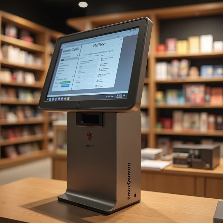 Quiosque de autoatendimento integrado ao design da livraria, mostrando como a tecnologia pode melhorar a experiência do cliente.