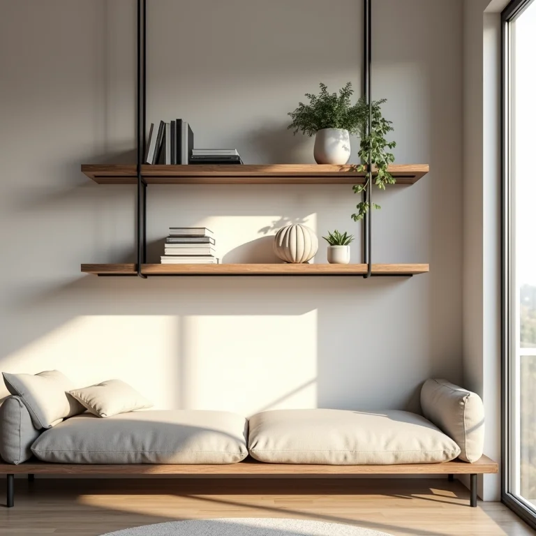 Rack aéreo suspenso de ferro e madeira.