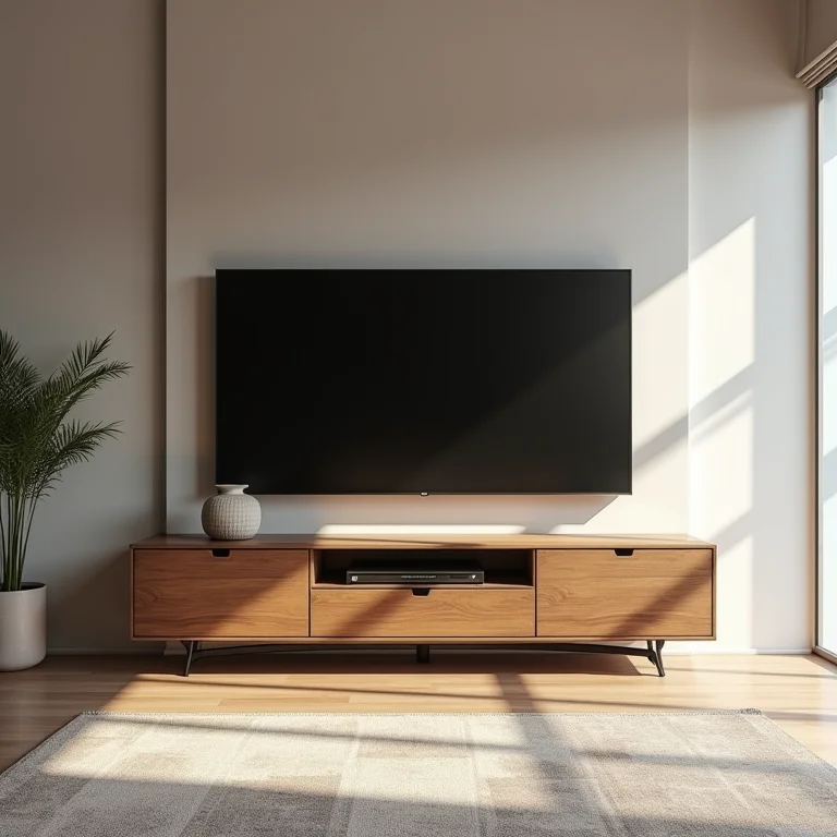 Rack com painel para TV de ferro e madeira.