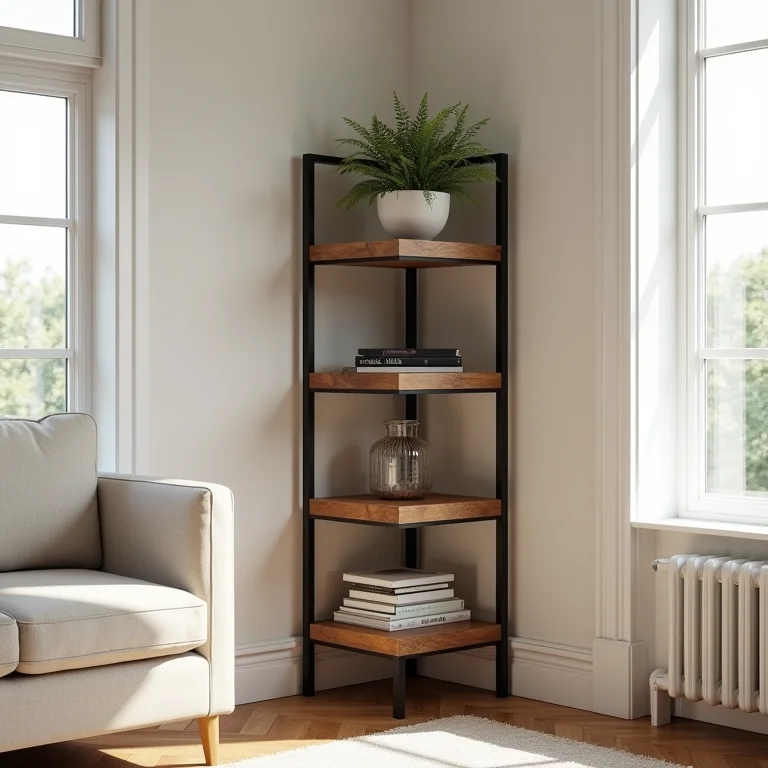 Rack de canto de ferro e madeira.