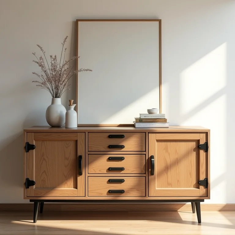 Rack de madeira e ferro com portas e gavetas.