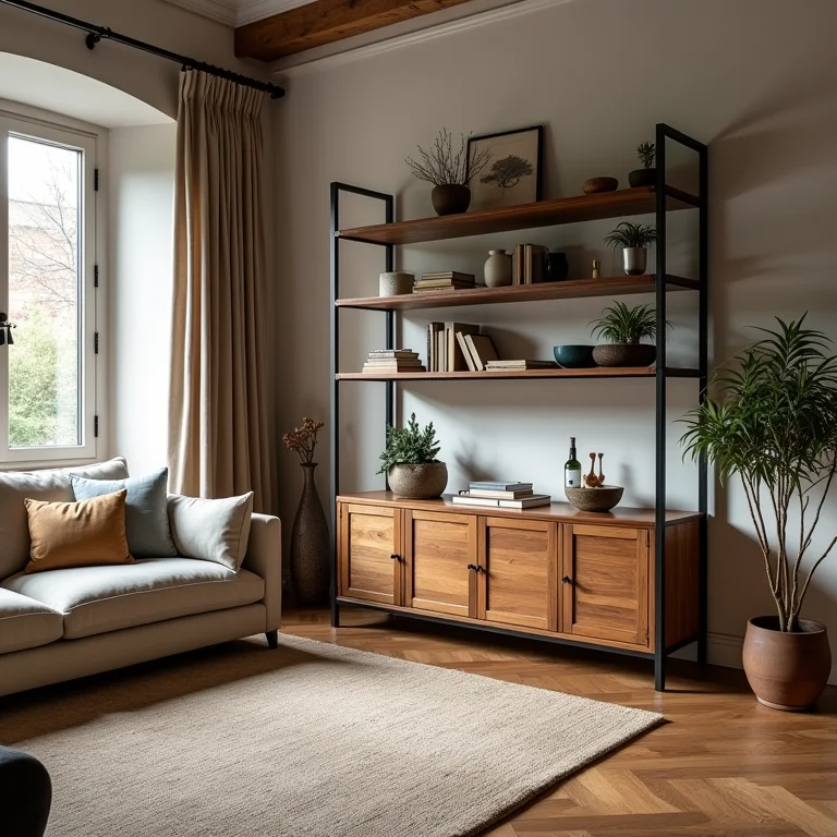 Rack de madeira e ferro com um toque rústico e elegante.