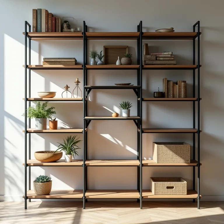 Rack modulado de ferro e madeira.