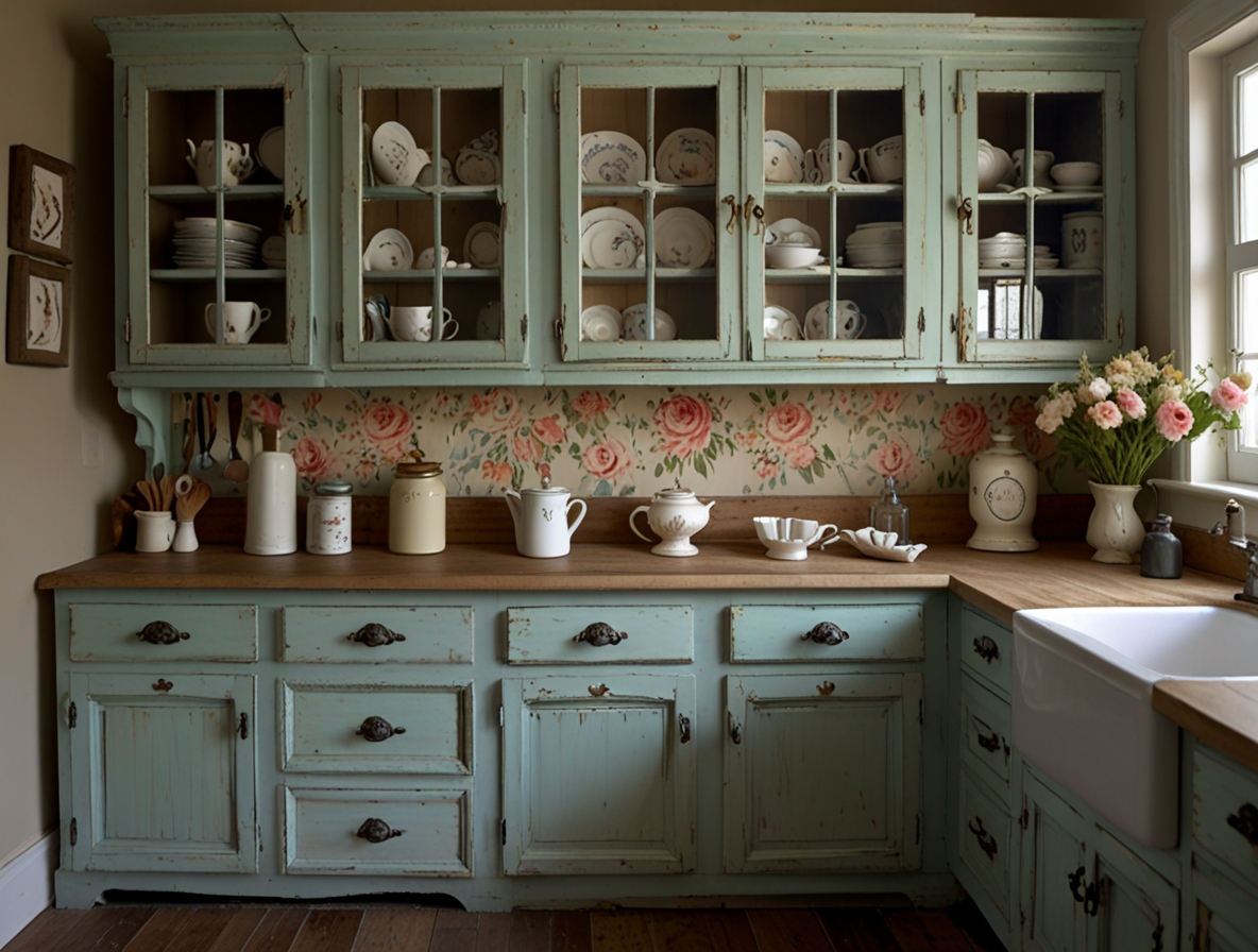 Armário de Cozinha Vintage com Decoupage Romântica - detalhe