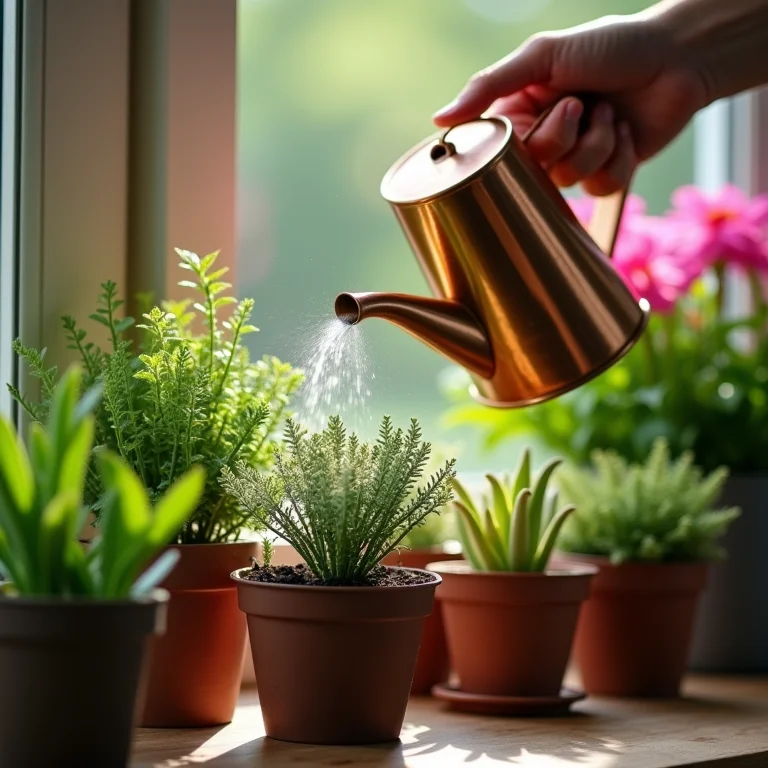 Regando plantas perfumadas para sombra com regador de cobre