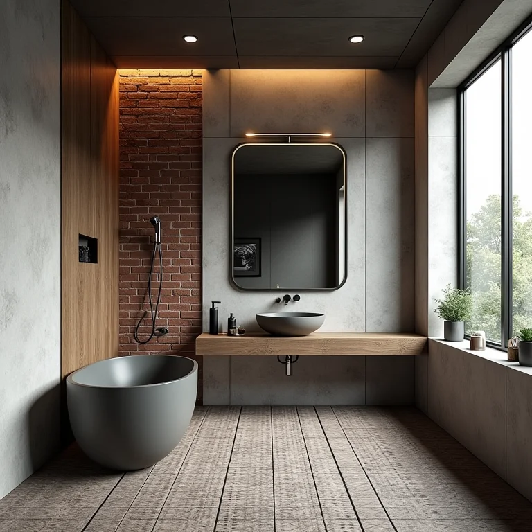 Revestimentos para banheiro temático de moto: cerâmica com padrões de pneus, tijolo aparente e painéis de metal.