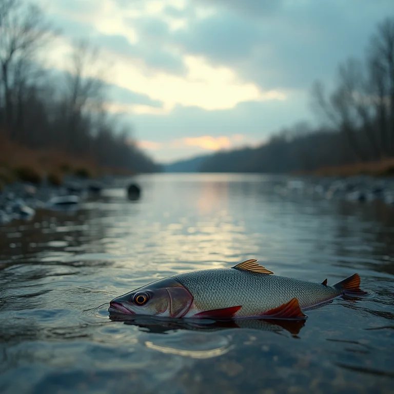 Rio poluído com resíduos químicos e peixes mortos.