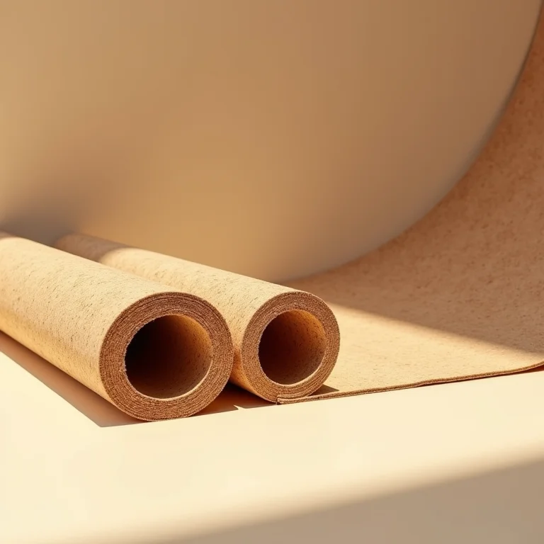 Rolo de cortiça sendo desenrolado no chão, demonstrando a facilidade de uso.