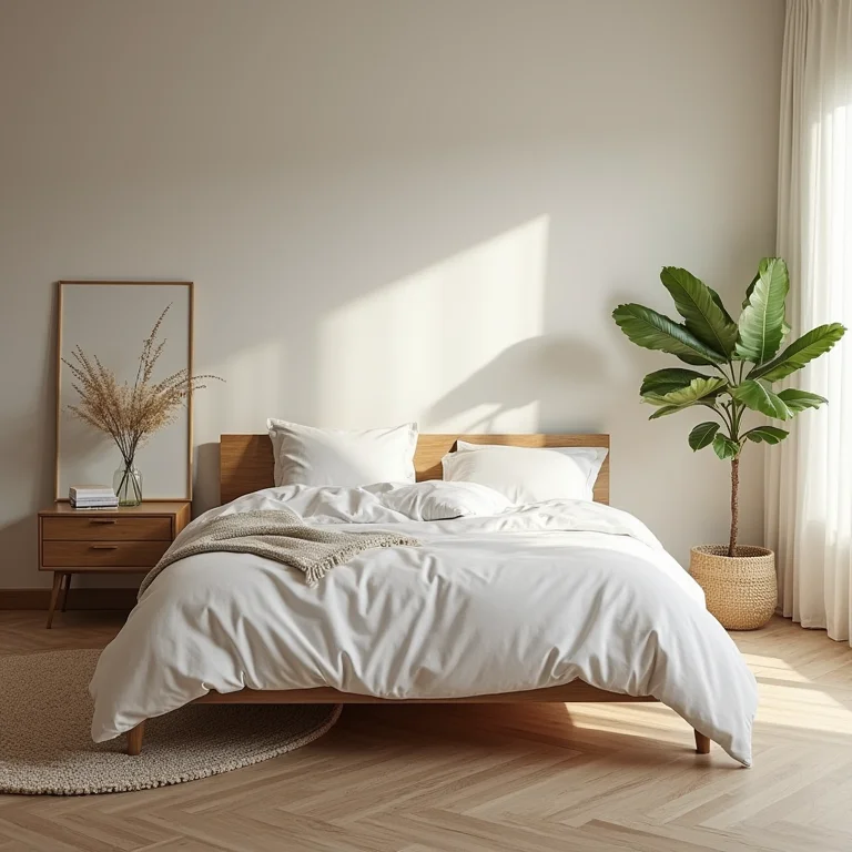 Roupa de cama e decoração eco-friendly em quarto moderno