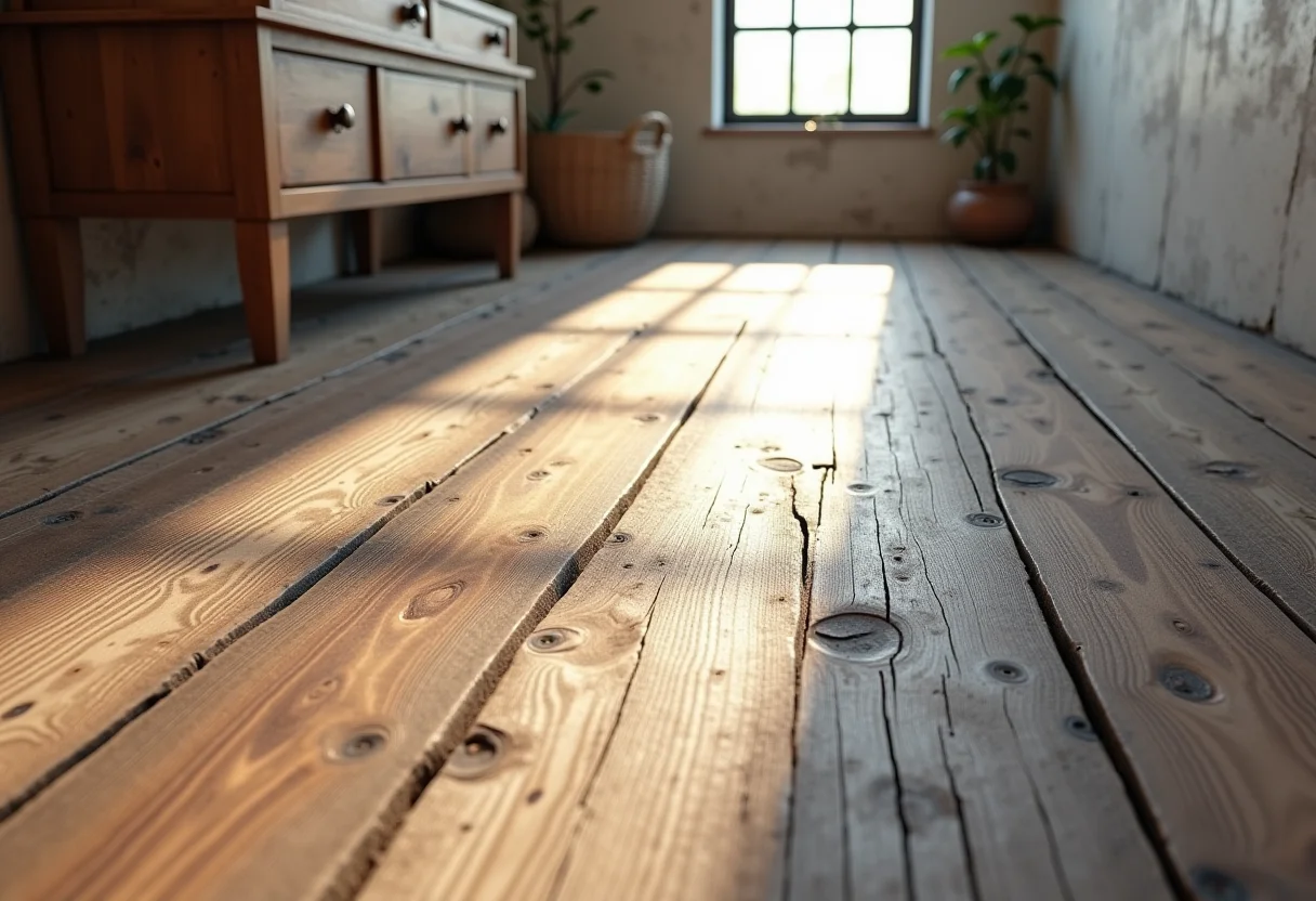 Piso de banheiro rústico de fazenda com tábuas de madeira recuperada.