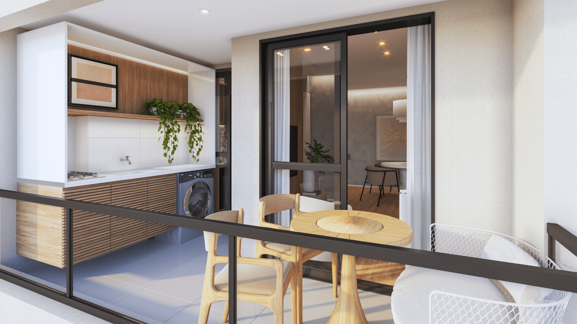 Sacada de Vidro com Móveis Multifuncionais: Otimização de Espaço Inteligente - inspiração