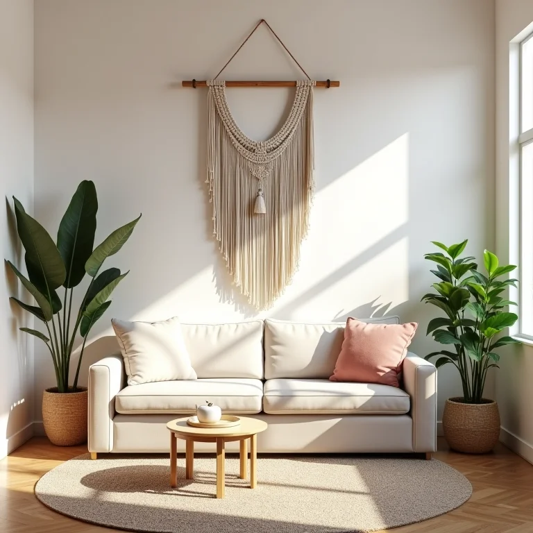 Sala boho chic com ponto focal, paleta de cores limitada e espaços negativos