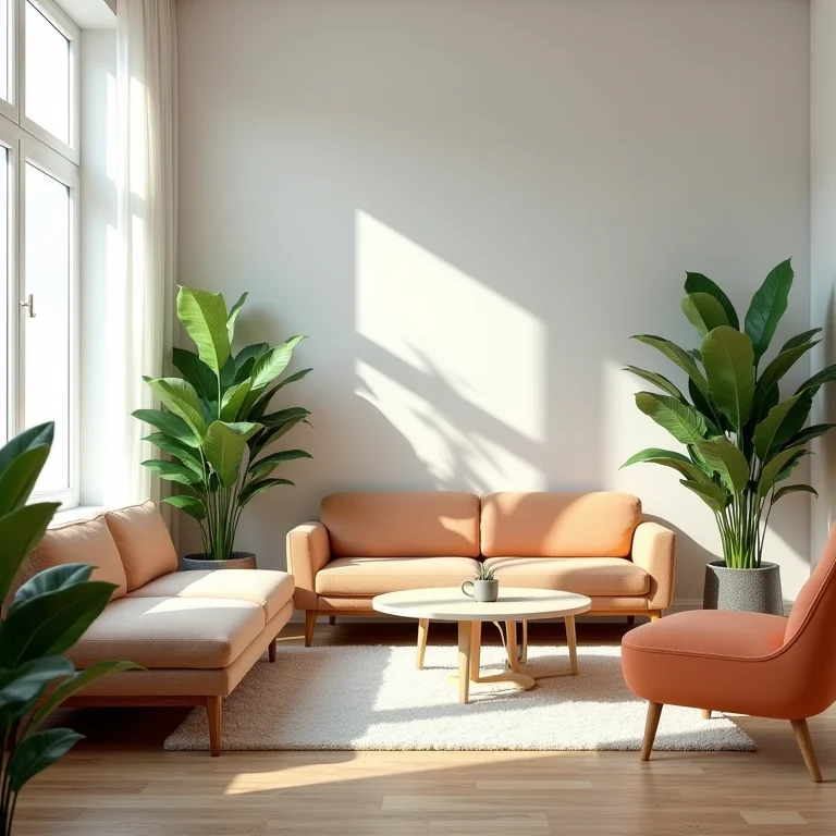 Sala com plantas artificiais e móveis de plástico, demonstrando falta de vida