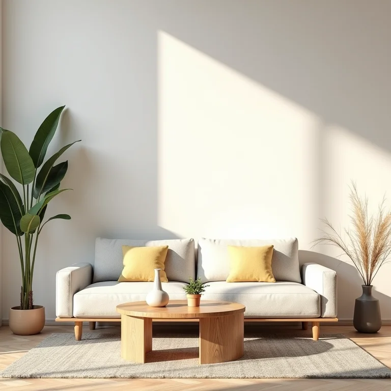 Sala de estar boho chic minimalista com ênfase nos espaços negativos