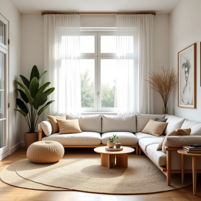 Sala de estar com decoração sustentável: móveis reciclados, materiais naturais e ambiente aconchegante.