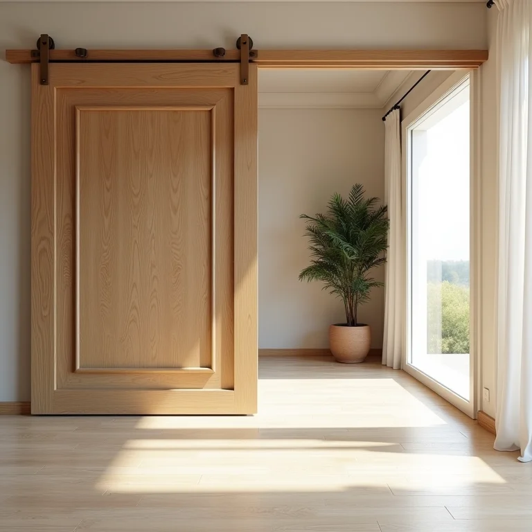 Sala de estar com porta pivotante de madeira como destaque