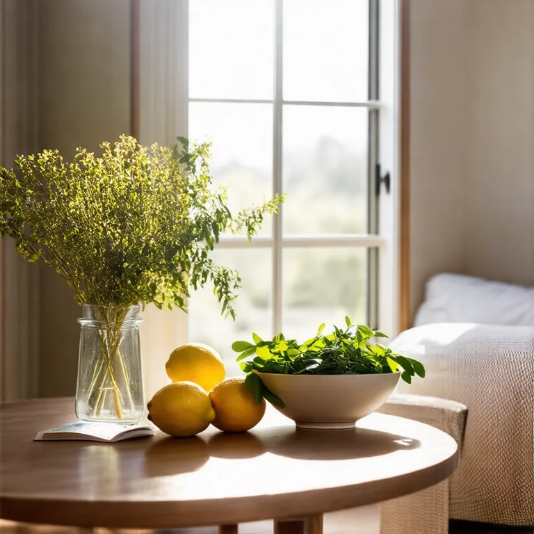 Sala de estar com uma janela aberta, uma tigela de limões e ervas na mesa e luz solar entrando, mostrando como eliminar odores desagradáveis da casa de forma natural.