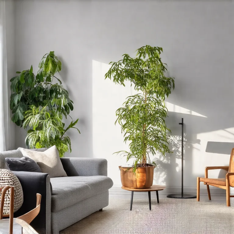 Sala de estar minimalista com plantas estrategicamente posicionadas, superfícies organizadas com objetos decorativos cuidadosamente escolhidos, harmonizando o ambiente com ideias criativas.