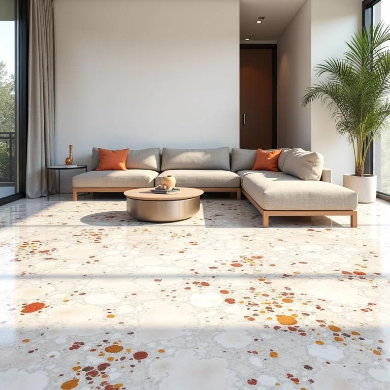 Sala de estar moderna com design de piso de caco de mármore.