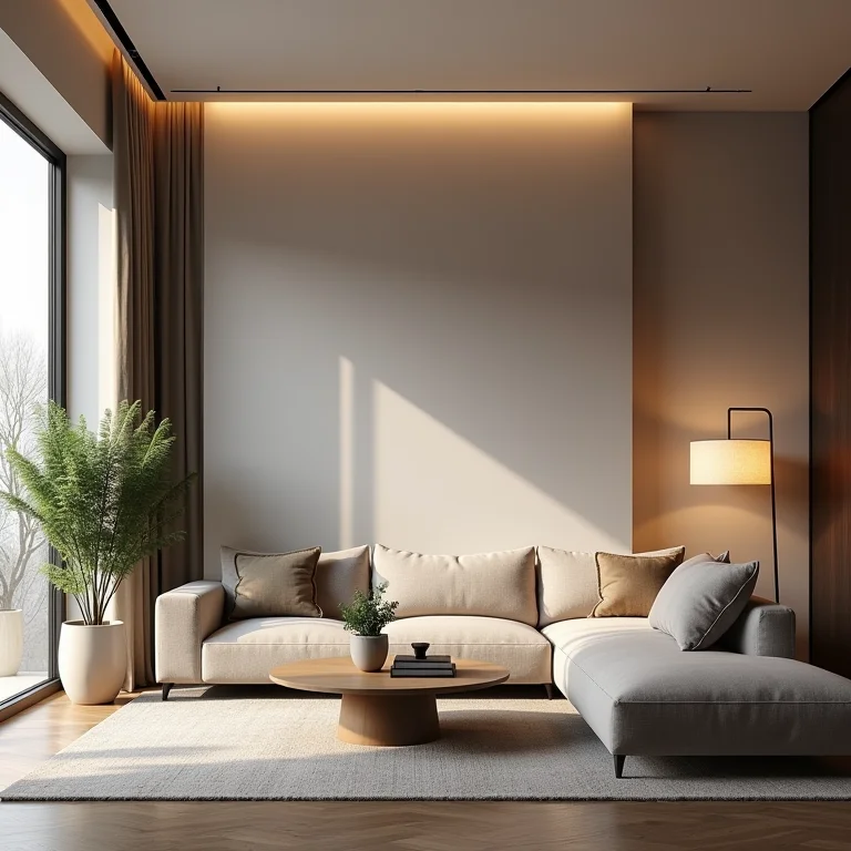 Sala de estar moderna com iluminação geral suave.