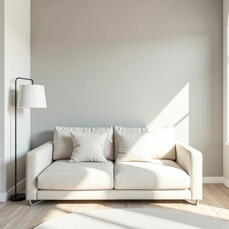 Sala de estar monocromática com sofá creme e paredes cinzas