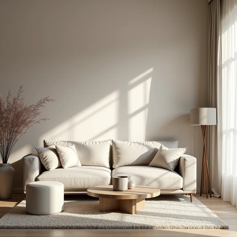 Sala de estar monocromática com tapete em tom diferente da parede