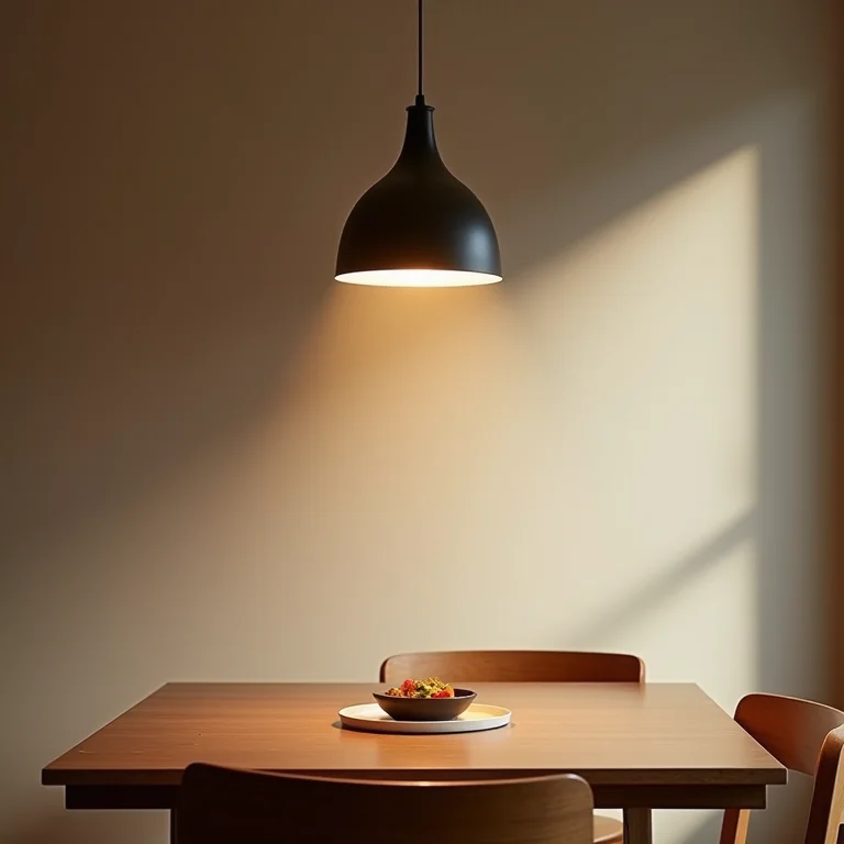 Sala de jantar com luminária de teto moderna.