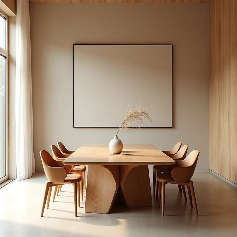 Sala de jantar monocromática com mesa de madeira