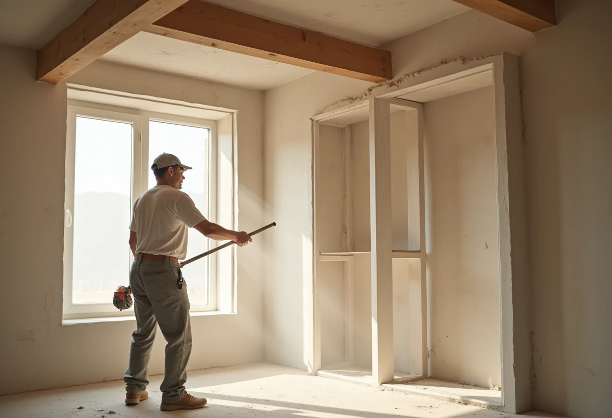 Sanca de gesso sendo instalada em um teto de sala de estar, com um artesão trabalhando na fixação da peça.