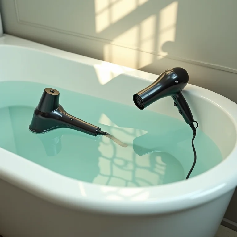 Secador de cabelo próximo à banheira cheia