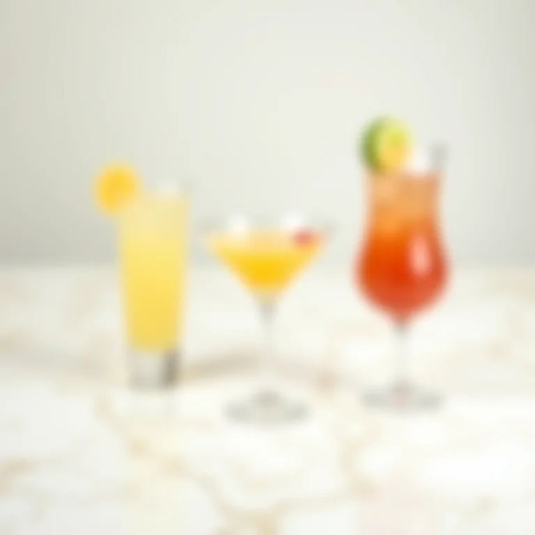 Seleção de diferentes tipos de copos de drink em uma superfície de mármore.