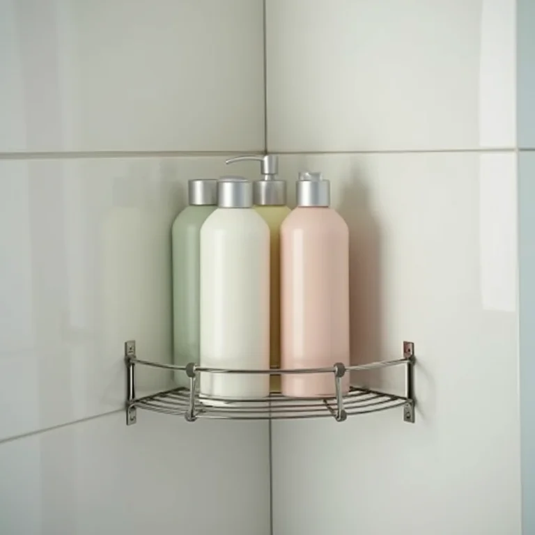 Shampoos e condicionadores organizados no porta shampoo de canto