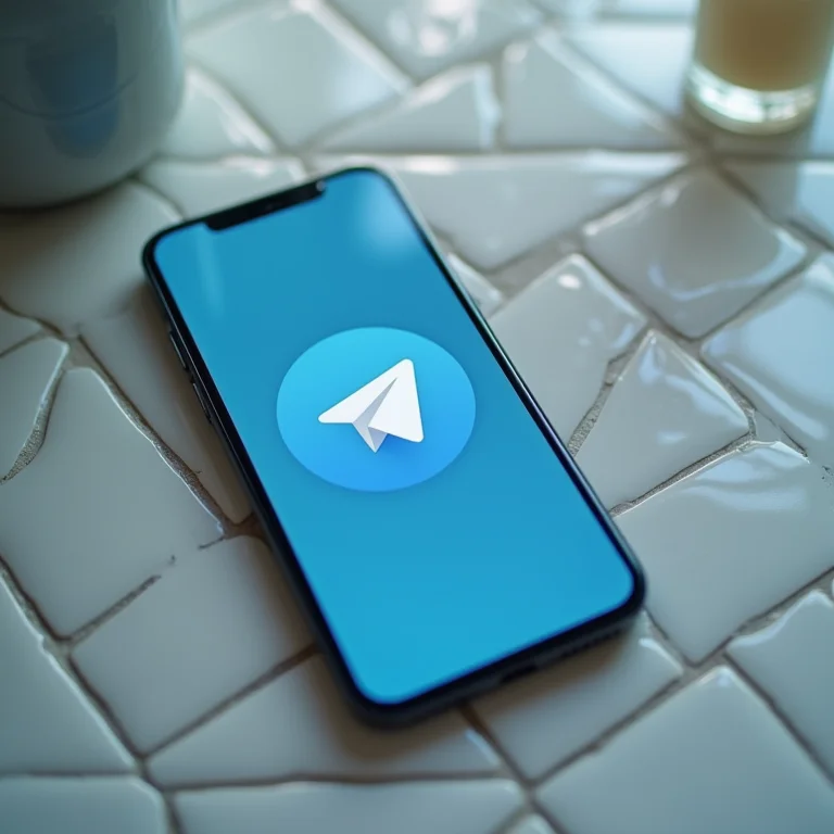 Smartphone exibindo o logo do Telegram em fundo de azulejos de banheiro
