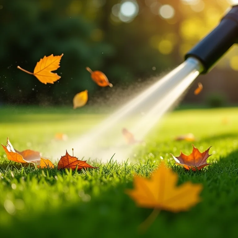 Soprador de folhas removendo detritos da grama sintética.