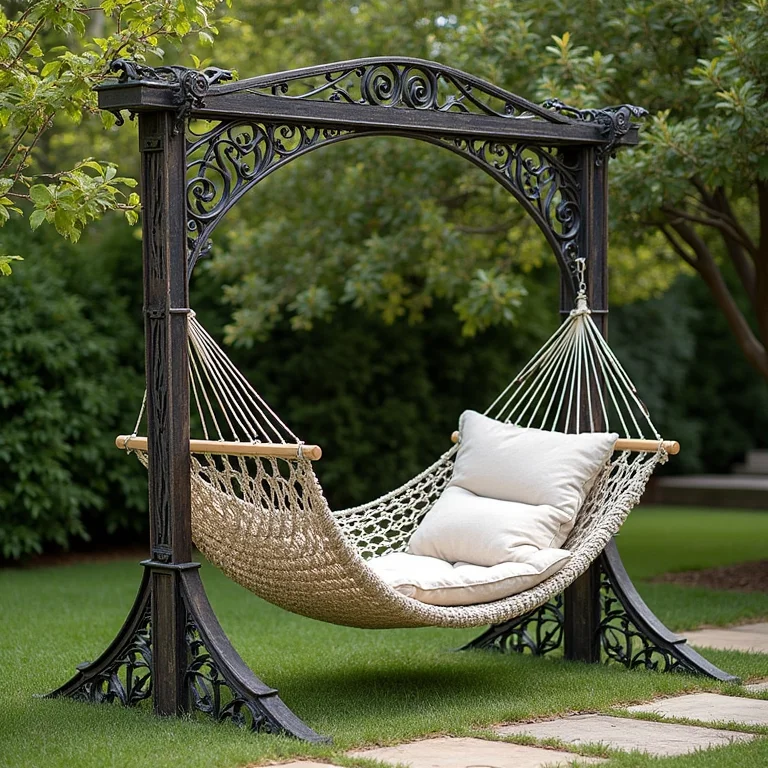 Suportes de ferro para rede de descanso em jardim rústico
