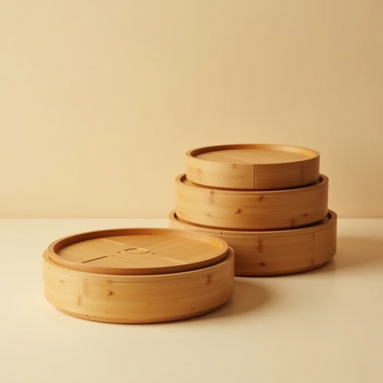 Tampas de bambu empilhadas destacando a textura e cor natural